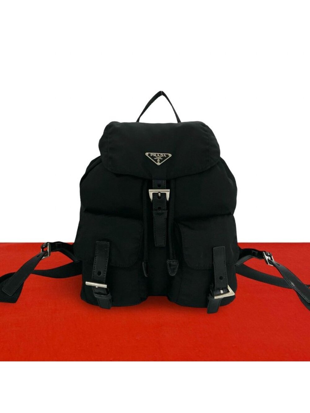 Prada Triangle Logo Tessuto Pocono Nylon Leather Drawstring Backpack Black